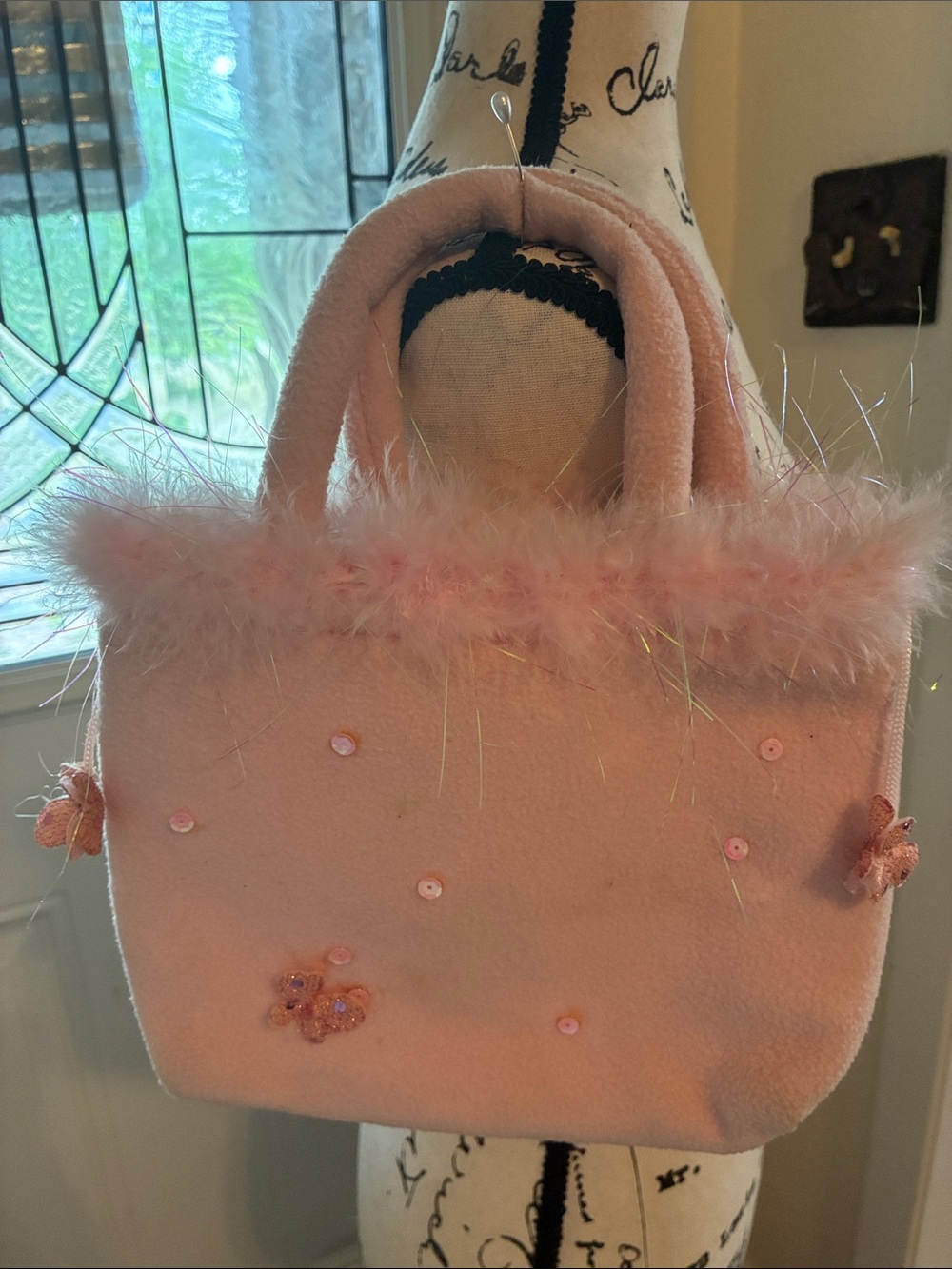 Pink Fuzzy Sequin Kids Tote Bag with Feather Trim